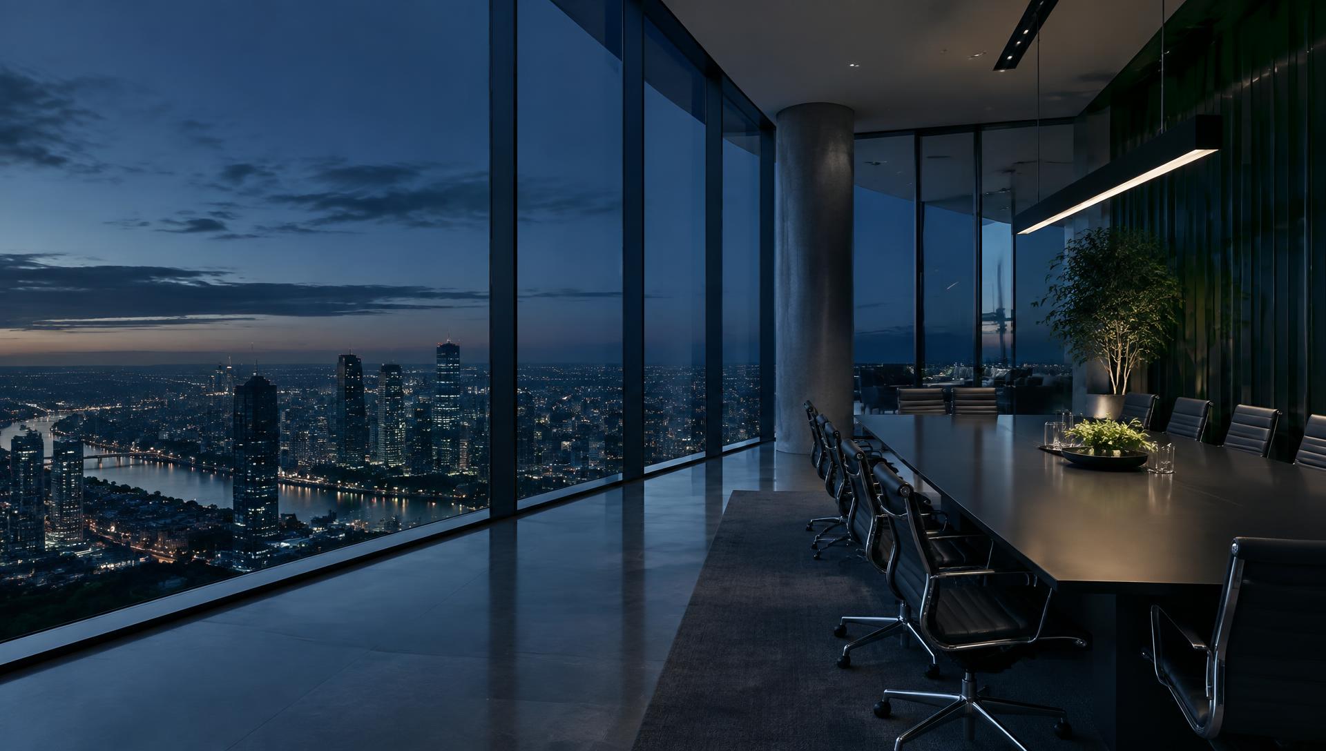 Modern executive boardroom overlooking a globally connected city