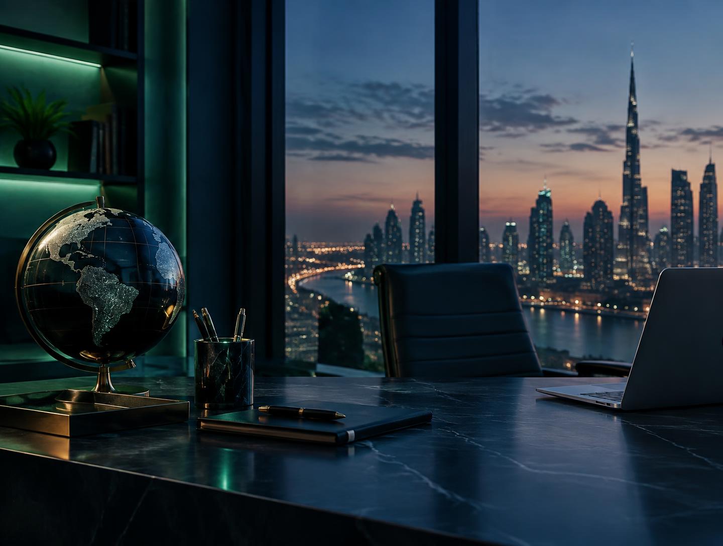 Executive office with a world globe overlooking an international skyline, representing Nexus360's global reach